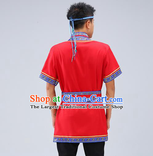 Chinese Traditional Ethnic Red Short Sleeve Shirt Mongolian Dance Upper Outer Garment Mongol Minority Men Costume