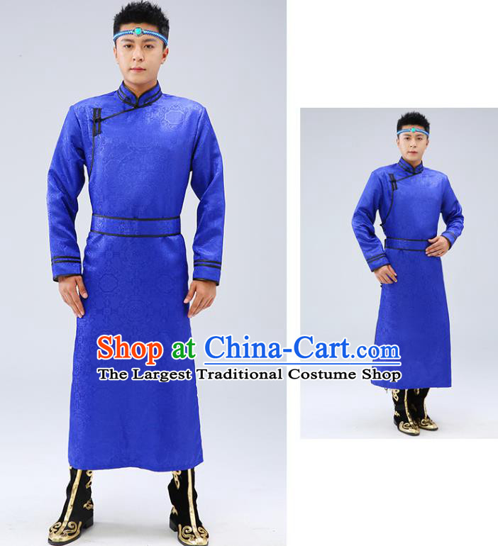 Chinese Traditional Men Royalblue Brocade Mongolian Robe Ethnic Dance Garment Mongol Minority Wedding Costume
