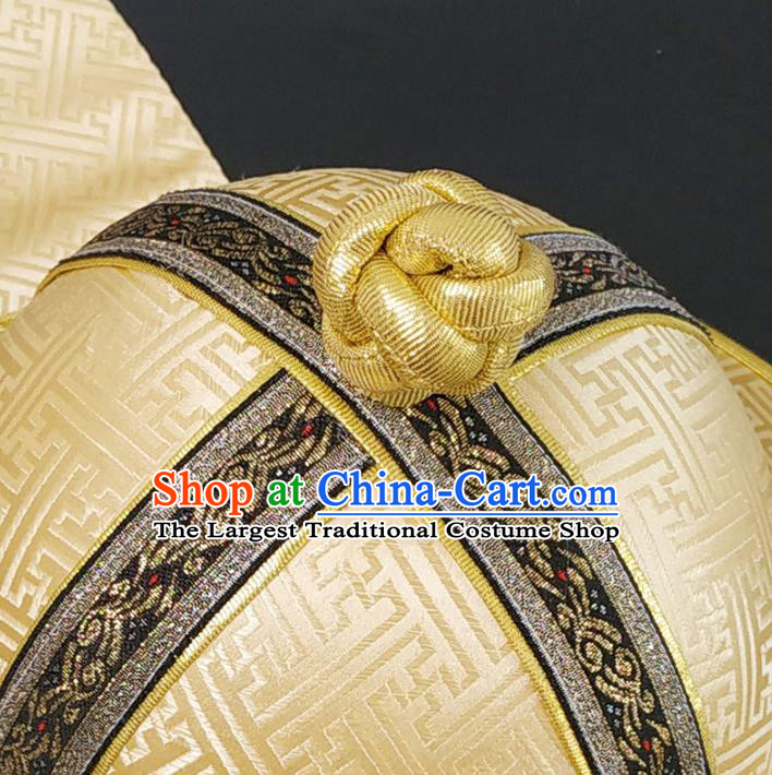Traditional Chinese Mongol Minority Light Golden Brocade Hat Mongolian Ethnic Royal Highness Headwear for Men