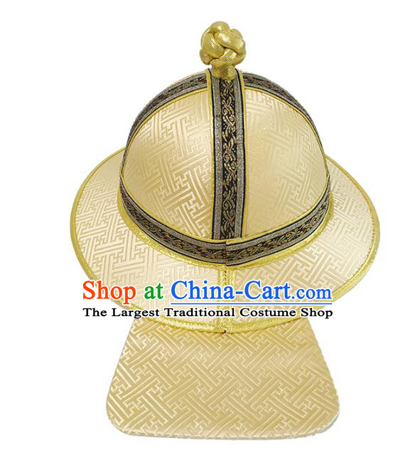Traditional Chinese Mongol Minority Light Golden Brocade Hat Mongolian Ethnic Royal Highness Headwear for Men