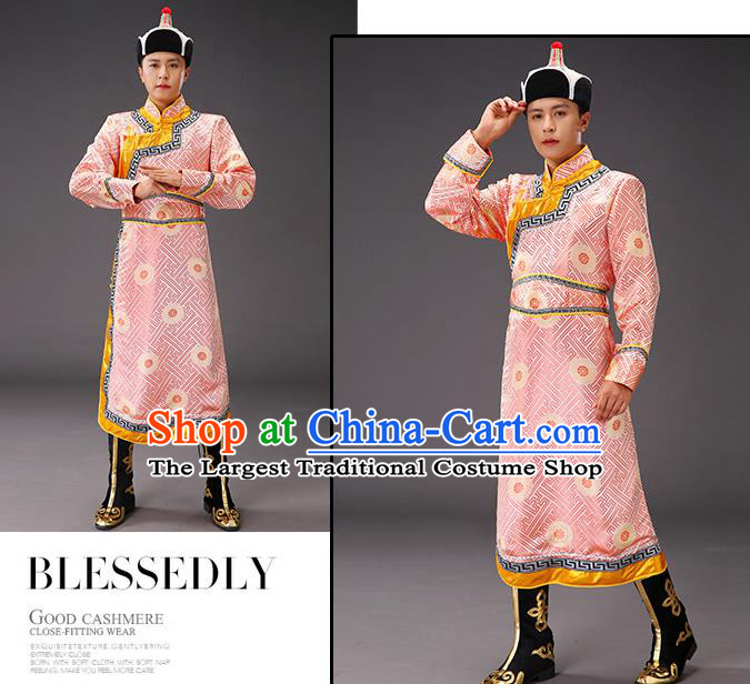 Chinese Traditional Pink Brocade Mongolian Robe Costume Mongol Minority Ethnic Men Garment