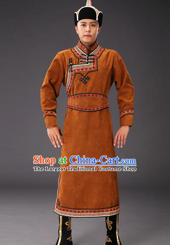 Chinese Traditional Brown Suede Fabric Mongolian Robe Costume Mongol Minority Ethnic Men Stage Performance Garment