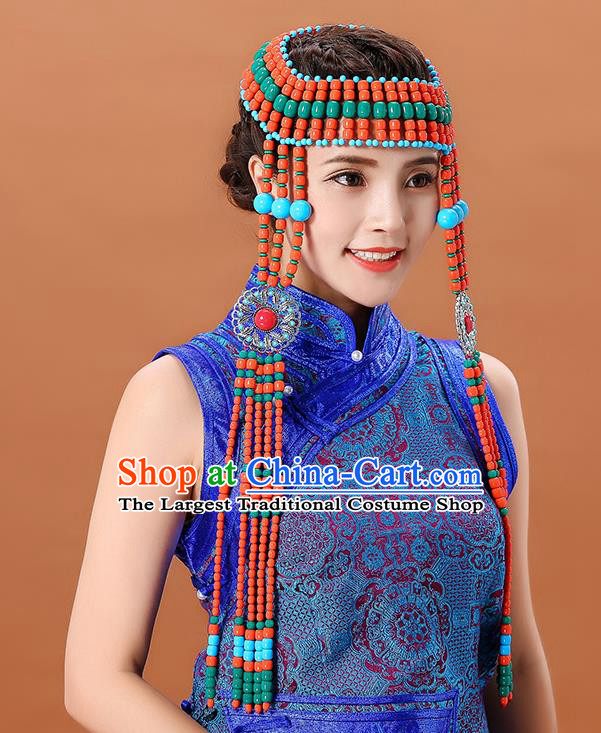 Traditional Chinese Mongol Minority Orange Beads Long Tassel Headband Mongolian Ethnic Women Dance Hair Clasp Hair Accessories