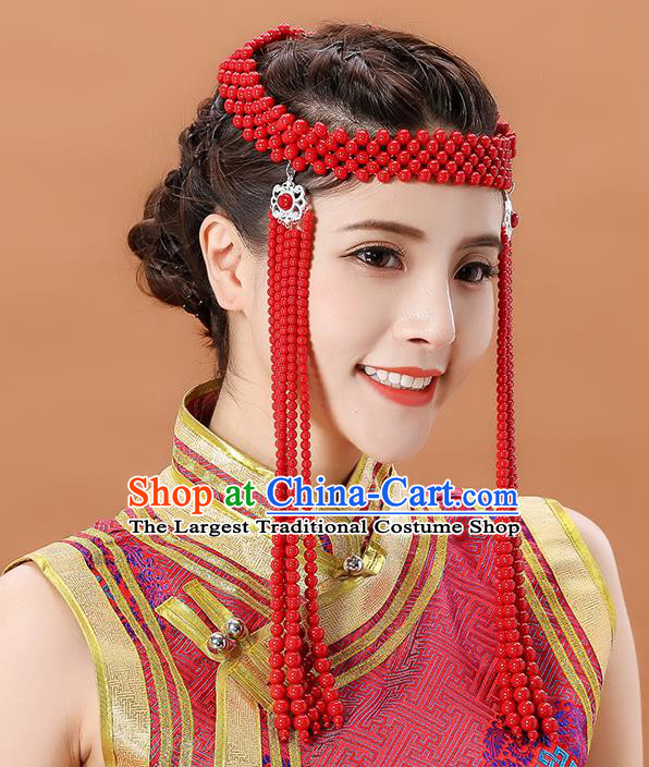 Traditional Chinese Mongol Minority Red Beads Long Tassel Headband Mongolian Hair Accessories Ethnic Dance Hair Clasp for Women