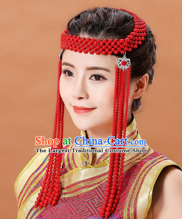 Traditional Chinese Mongol Minority Red Beads Long Tassel Headband Mongolian Hair Accessories Ethnic Dance Hair Clasp for Women