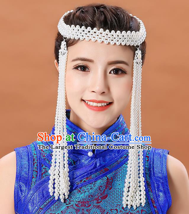 Traditional Chinese Mongol Minority White Beads Long Tassel Headband Mongolian Hair Accessories Ethnic Dance Hair Clasp for Women