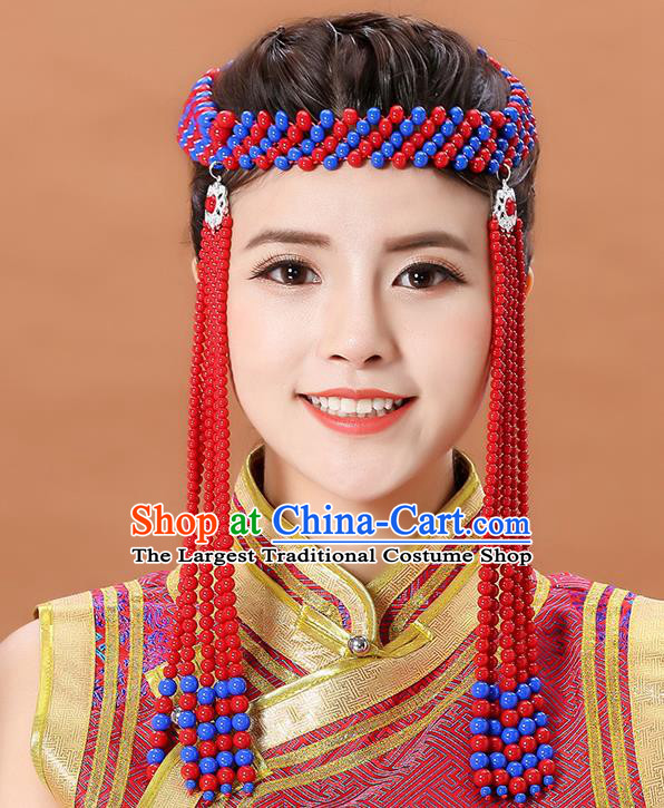 Traditional Chinese Mongol Minority Red Beads Headband Mongolian Hair Accessories Ethnic Dance Long Tassel Hair Clasp for Women
