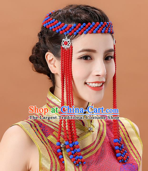 Traditional Chinese Mongol Minority Red Beads Headband Mongolian Hair Accessories Ethnic Dance Long Tassel Hair Clasp for Women