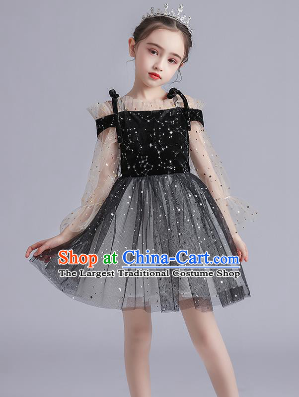 Top Grade Girls Stage Show Black Dress Children Birthday Costume Baby Compere Off Shoulder Short Full Dress
