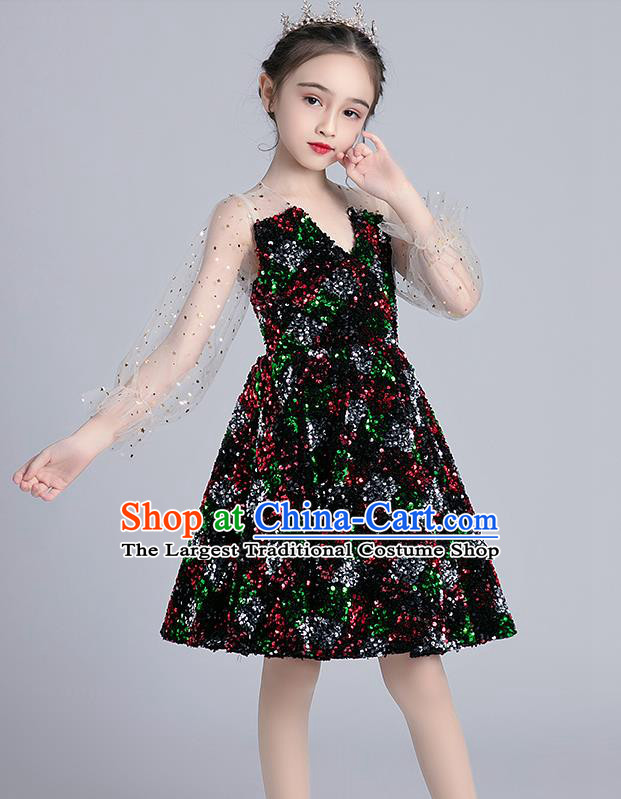Top Grade Girls Stage Show Black Short Dress Children Birthday Costume Baby Compere Paillette Full Dress