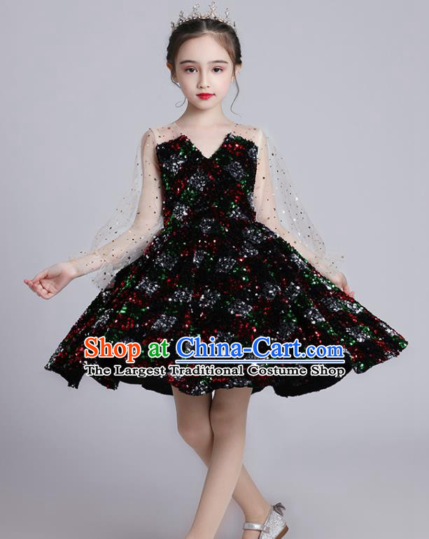 Top Grade Girls Stage Show Black Short Dress Children Birthday Costume Baby Compere Paillette Full Dress