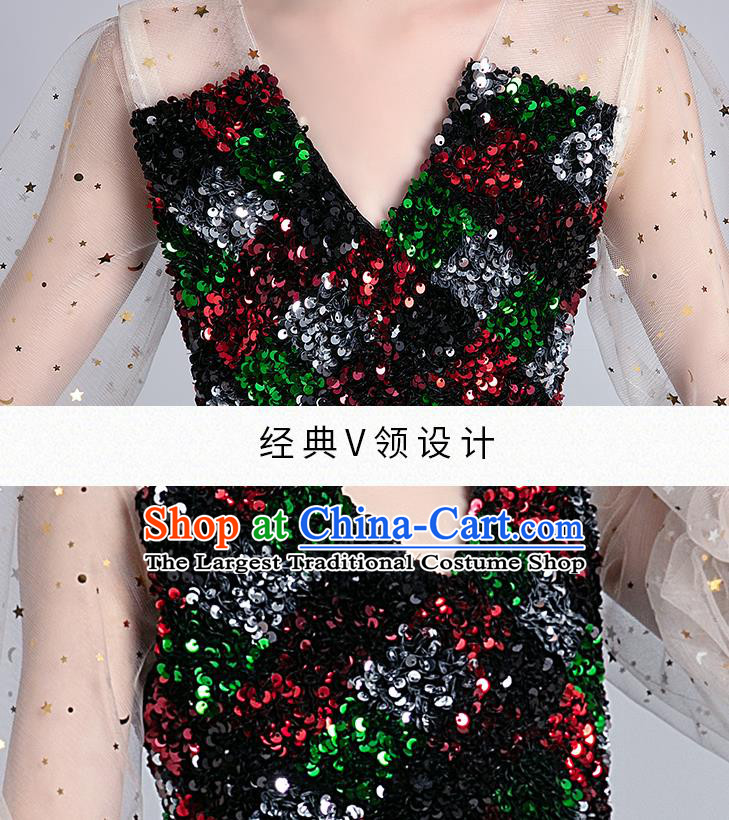 Top Grade Girls Stage Show Black Short Dress Children Birthday Costume Baby Compere Paillette Full Dress