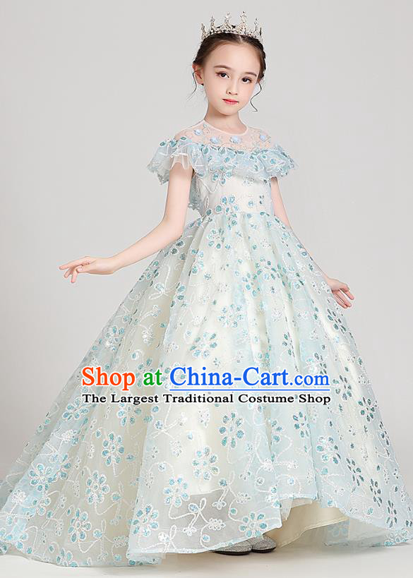 Top Grade Girls Stage Show Blue Dress Children Birthday Costume Baby Princess Trailing Full Dress