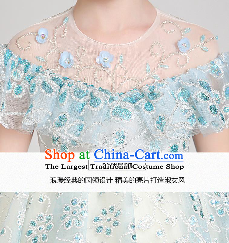 Top Grade Girls Stage Show Blue Dress Children Birthday Costume Baby Princess Trailing Full Dress