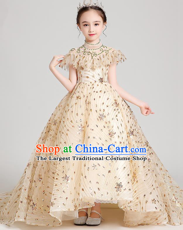 Top Grade Girls Stage Show Apricot Dress Children Birthday Costume Baby Princess Compere Trailing Full Dress