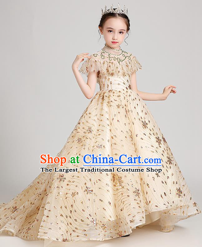 Top Grade Girls Stage Show Apricot Dress Children Birthday Costume Baby Princess Compere Trailing Full Dress