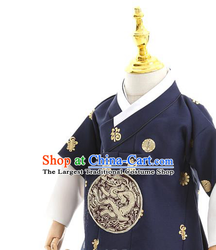 Asian Korea Traditional Embroidered Navy Shirt and Pants Children Birthday Fashion Korean Apparels Boys Hanbok Costumes for Kids