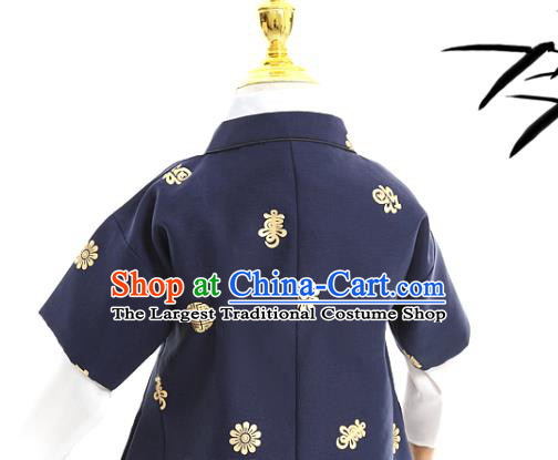 Asian Korea Traditional Embroidered Navy Shirt and Pants Children Birthday Fashion Korean Apparels Boys Hanbok Costumes for Kids