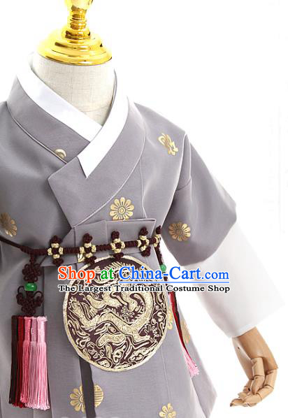 Asian Korea Traditional Embroidered Grey Shirt and Pants Children Birthday Fashion Korean Apparels Boys Hanbok Costumes for Kids