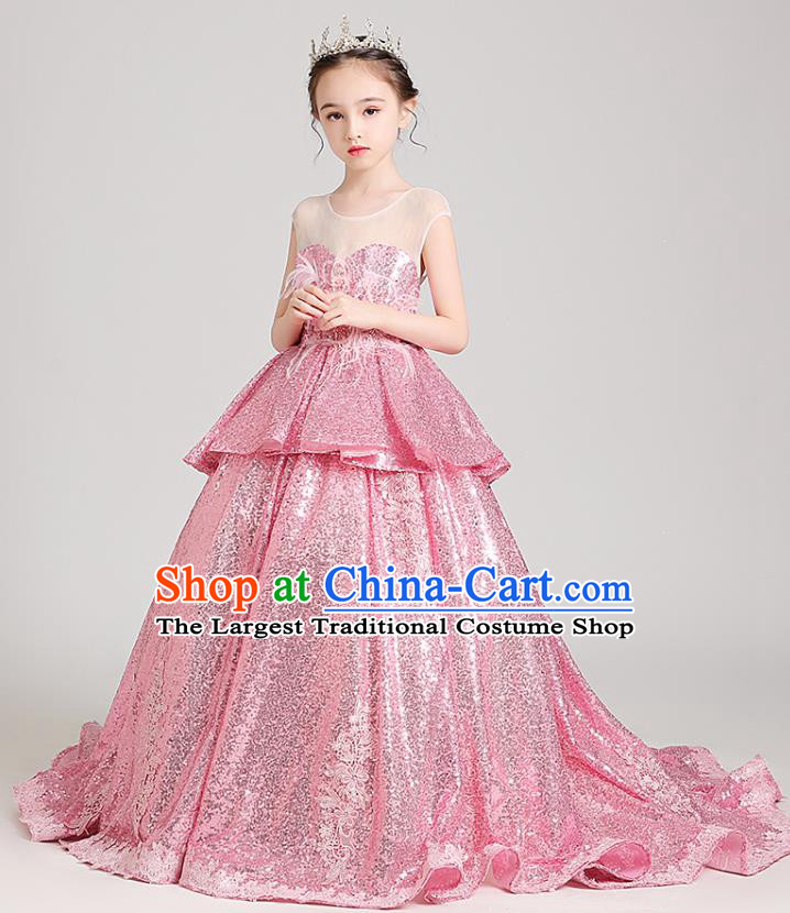 Top Grade Stage Show Baby Princess Pink Paillette Dress Children Girls Birthday Costume Compere Trailing Full Dress