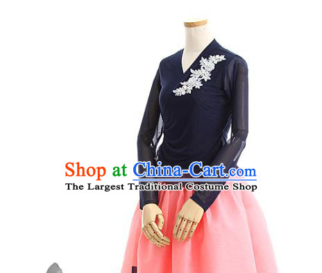Korean Traditional Navy Veil Blouse and Pink Skirt Korea Fashion National Dance Costumes Hanbok Apparels