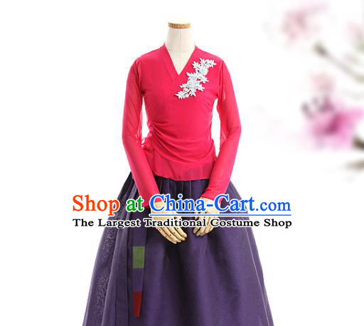 Korean Woman Traditional Rosy Veil Blouse and Purple Skirt Korea Dance Fashion National Costumes Hanbok Apparels