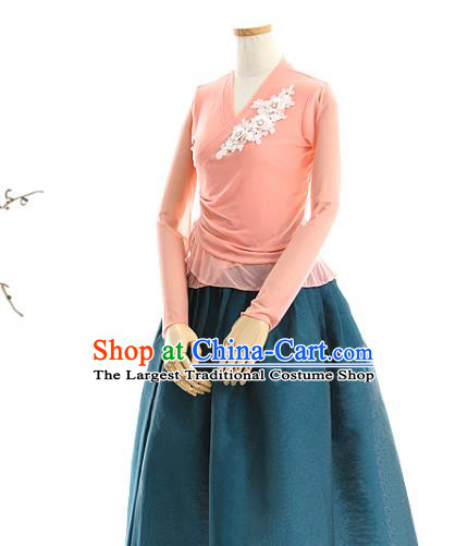 Korean Woman Traditional Pink Veil Blouse and Dark Green Skirt Korea Dance Fashion National Costumes Hanbok Apparels
