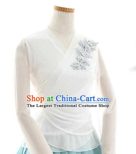 Korean Woman Traditional White Veil Blouse and Light Blue Skirt Korea Dance Fashion National Costumes Hanbok Apparels