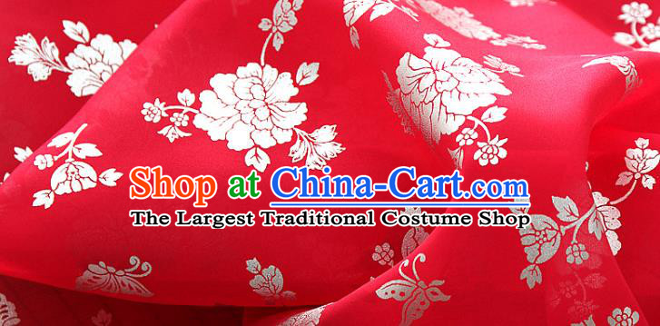 Asian Korea Classical Peony Pattern Red Silk Fabric Korean Traditional Fashion Drapery Hanbok Material