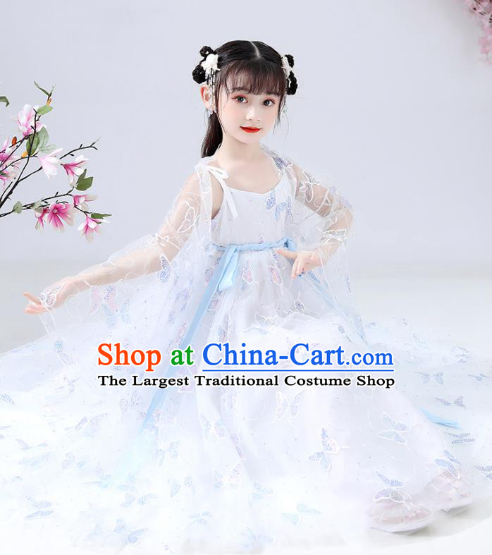 Chinese Traditional Tang Suit White Hanfu Dress Ancient Girl Costumes Stage Show Apparels for Kids