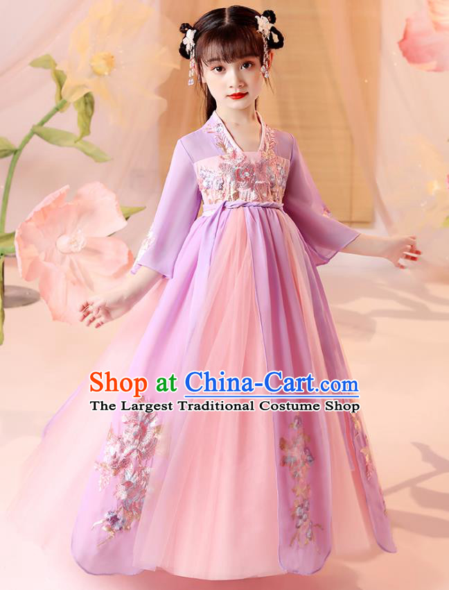Chinese Traditional Tang Suit Lilac Hanfu Dress Ancient Song Dynasty Girl Costumes Stage Show Apparels for Kids