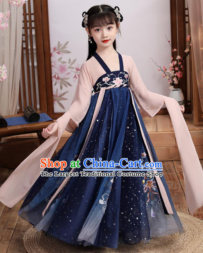 Chinese Traditional Hanfu Dress Ancient Girl Costumes Stage Show Apparels Blouse and Navy Skirt for Kids