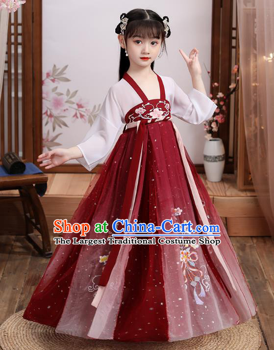 Chinese Traditional Tang Dynasty Hanfu Dress Ancient Girl Costumes Stage Show Apparels Blouse and Red Skirt for Kids