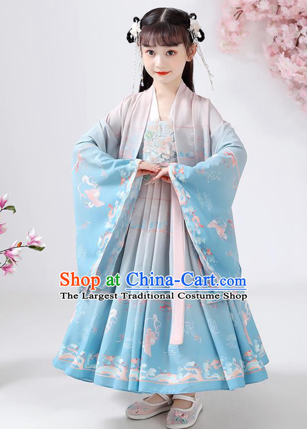 Chinese Traditional Song Dynasty Embroidered Hanfu Dress Ancient Girl Costumes Stage Show Apparels Blue Cloak Blouse and Skirt for Kids