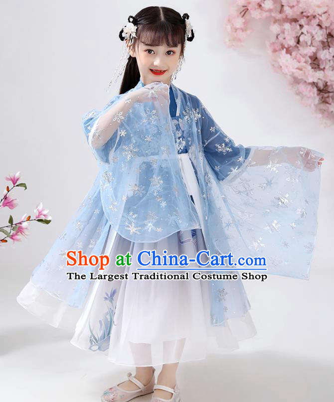 Chinese Traditional Ming Dynasty Embroidered Hanfu Dress Ancient Girl Costumes Stage Show Apparels Blue Cloak Blouse and Slip Dress for Kids