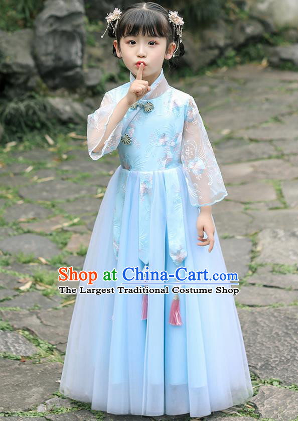 Chinese Traditional Tang Suit Blue Qipao Dress Apparels Ancient Girl Costumes Stage Show Cheongsam for Kids