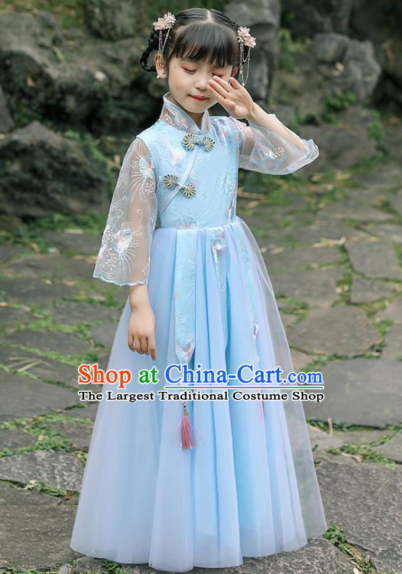 Chinese Traditional Tang Suit Blue Qipao Dress Apparels Ancient Girl Costumes Stage Show Cheongsam for Kids