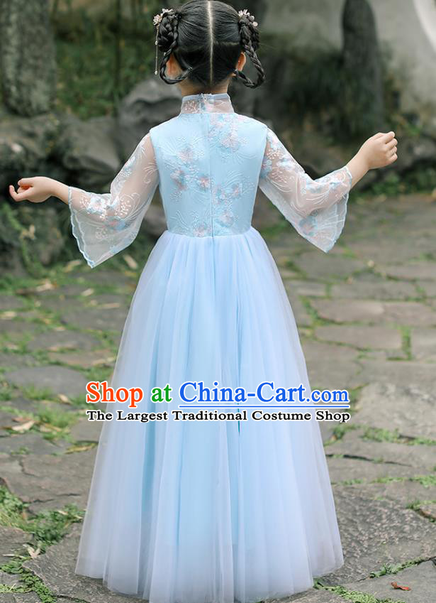 Chinese Traditional Tang Suit Blue Qipao Dress Apparels Ancient Girl Costumes Stage Show Cheongsam for Kids