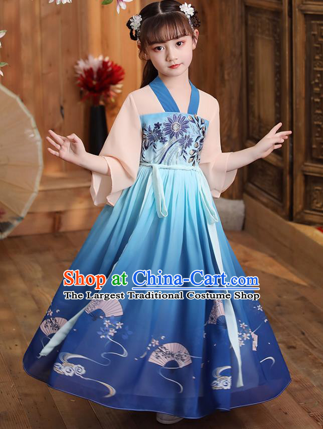 Chinese Traditional Deep Blue Hanfu Dress Apparels Ancient Princess Costumes Stage Show Girl Cape Blouse and Skirt for Kids