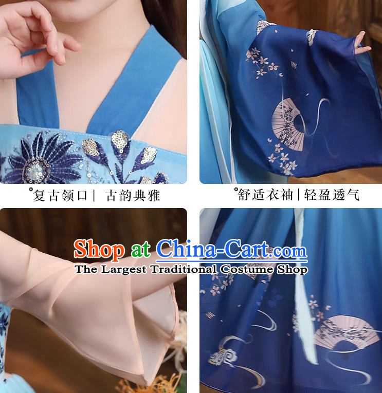 Chinese Traditional Deep Blue Hanfu Dress Apparels Ancient Princess Costumes Stage Show Girl Cape Blouse and Skirt for Kids