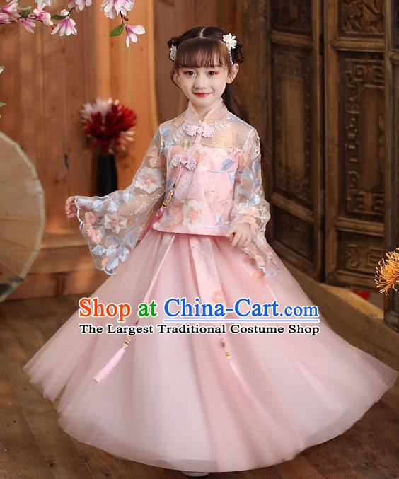 Chinese Traditional Tang Suit Pink Qipao Blouse and Skirt Apparels Ancient Girl Costumes Stage Show Cheongsam Dress for Kids