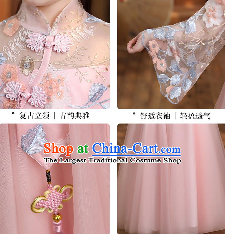 Chinese Traditional Tang Suit Pink Qipao Blouse and Skirt Apparels Ancient Girl Costumes Stage Show Cheongsam Dress for Kids