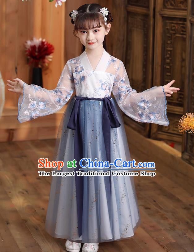 Chinese Traditional Children Hanfu Dress Apparels Ancient Princess Costumes Stage Show Girl Cape Blouse and Light Blue Skirt for Kids