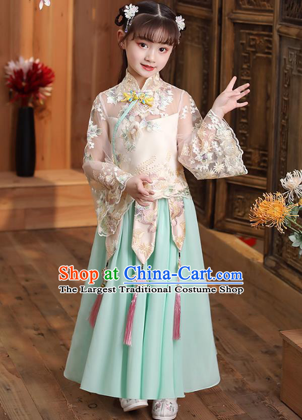 Chinese Traditional Tang Suit Qipao Blouse and Light Green Skirt Apparels Ancient Girl Costumes Stage Show Cheongsam Dress for Kids