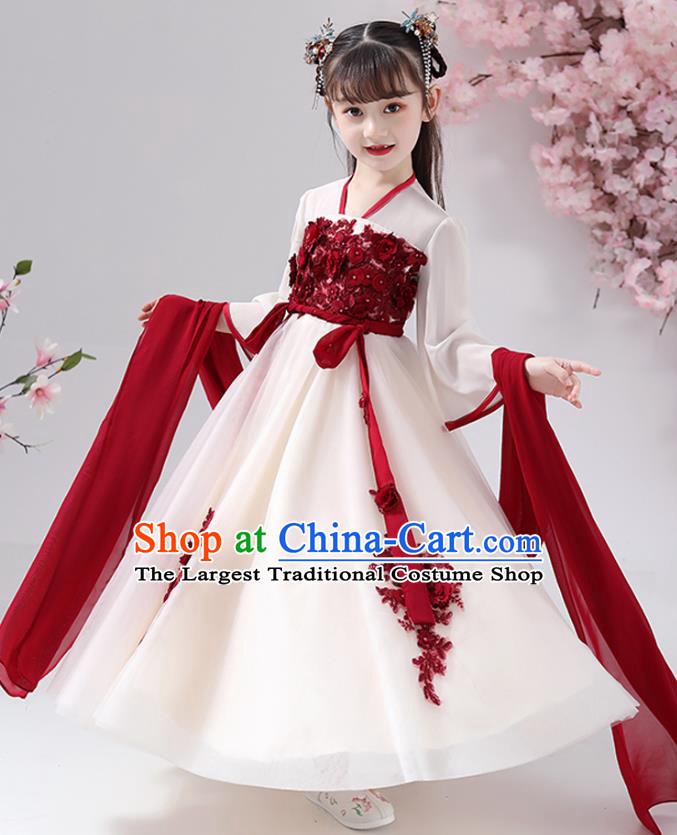 Chinese Traditional Chiffon Hanfu Dress Apparels Ancient Princess Costumes Stage Show Girl Pink Cape Blouse and Beige Skirt for Kids