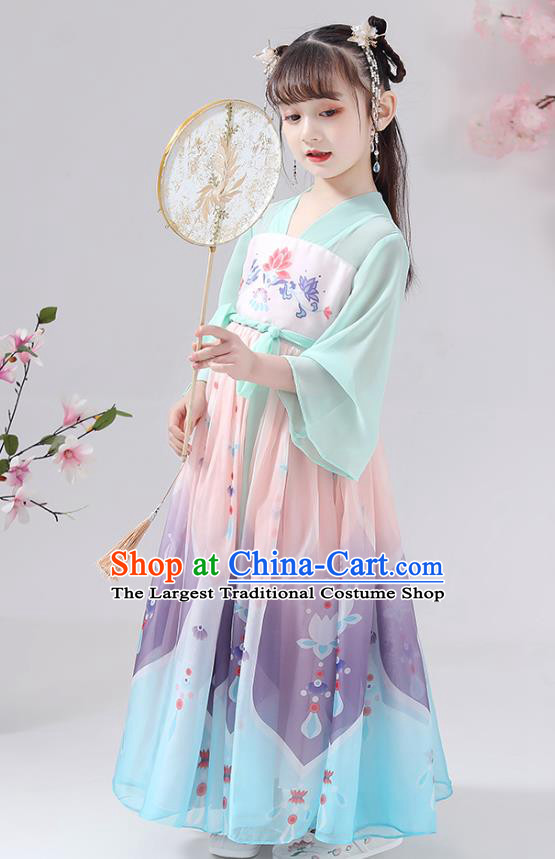 Chinese Traditional Printing Chiffon Hanfu Dress Apparels Ancient Princess Costumes Stage Show Girl Cape Blouse and Skirt for Kids
