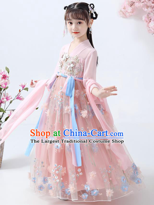 Chinese Traditional Fairy Girl Hanfu Dress Ancient Princess Costumes Stage Show Apparels Flowers Cape Blouse and Pink Skirt for Kids