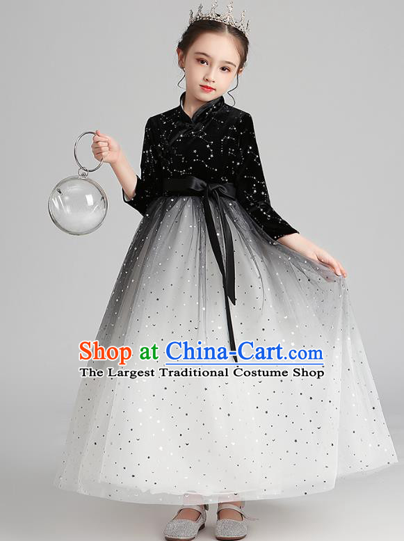 Chinese Traditional Tang Suit Black Velvet Qipao Dress Apparels Ancient Girl Costumes Stage Show Veil Cheongsam for Kids