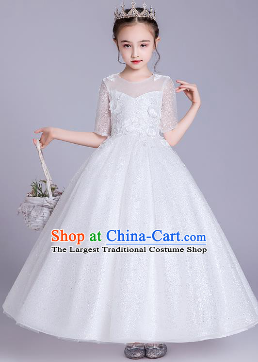 Top Grade Stage Show Princess White Bubble Dress Girls Birthday Costume Children Compere Veil Full Dress