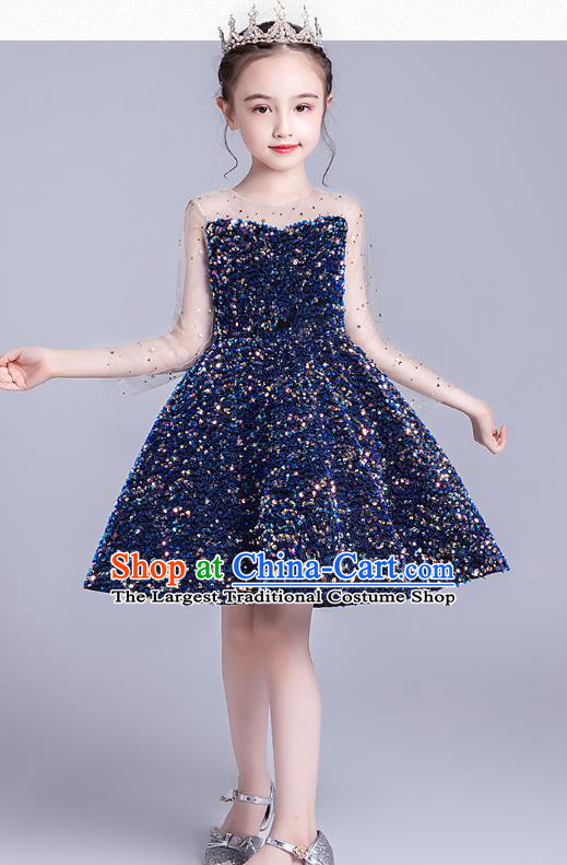 Professional Stage Show Deep Blue Paillette Dress Girls Birthday Costume Children Top Grade Compere Short Full Dress